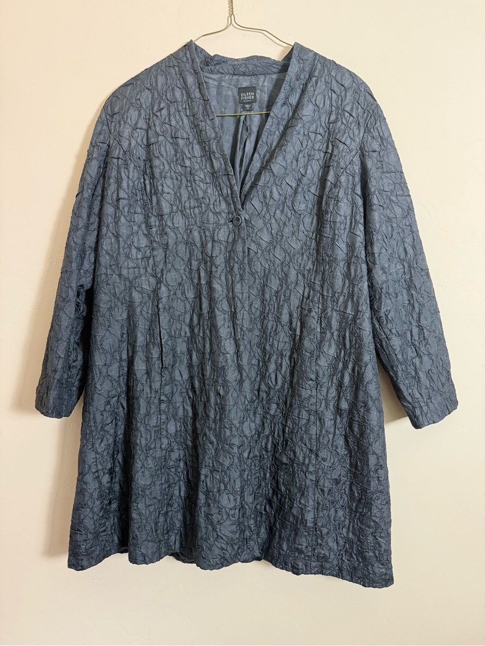 Eileen Fisher Textured Gray Tunic Jacket Scrumple 100% Tussah Silk Size XL